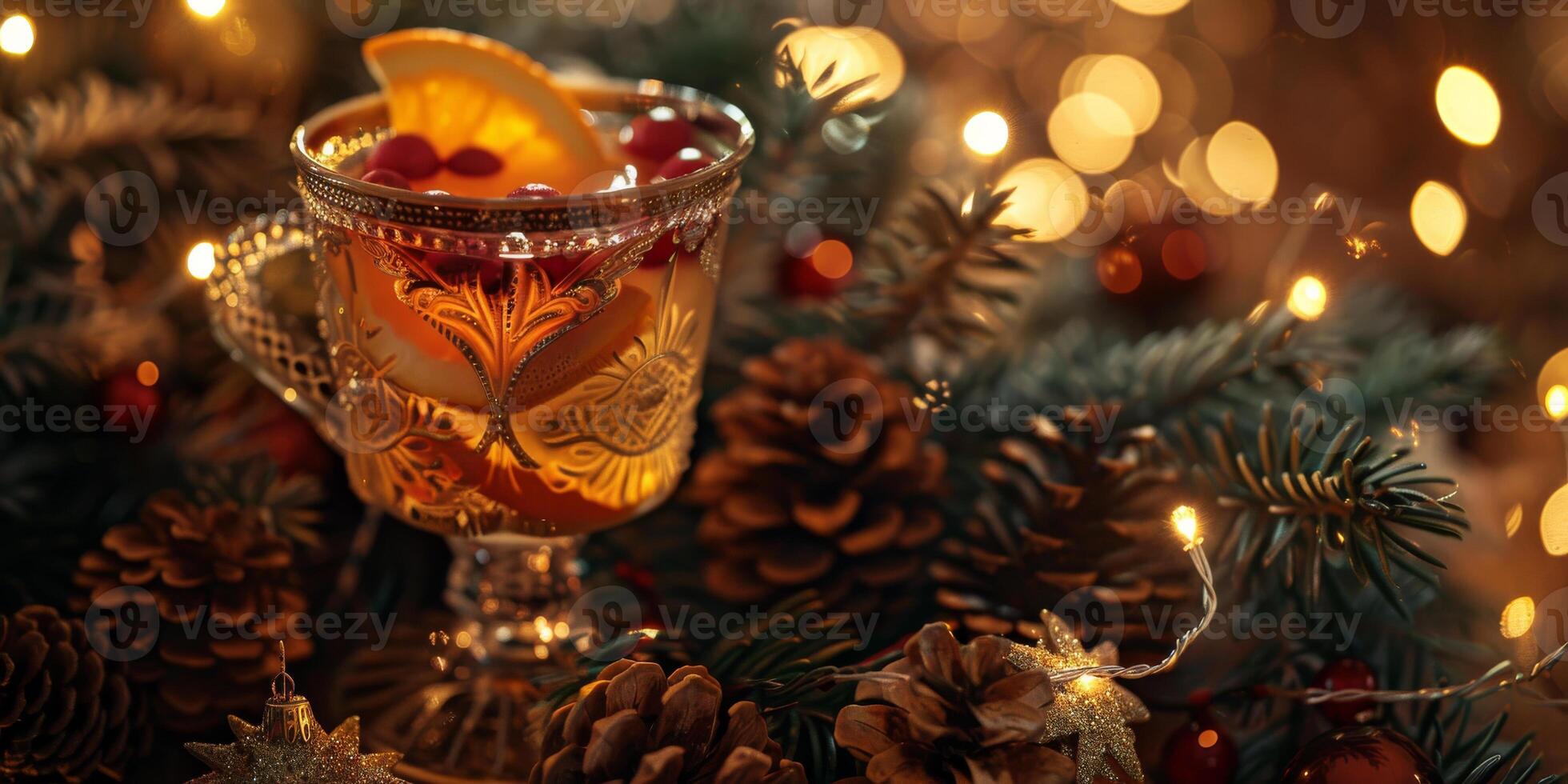 A glass of liquid with a slice of orange in it is on a table with pine cones photo