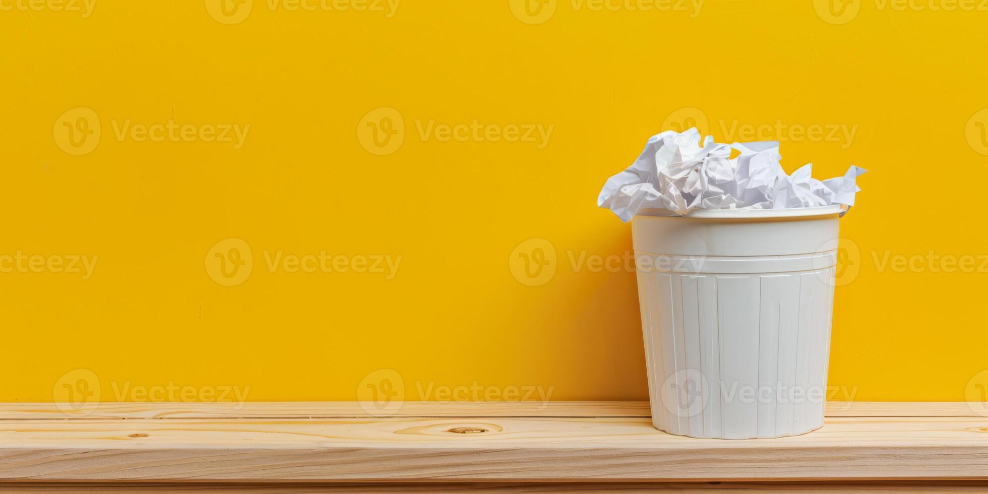 Overflowing White Trash Bin Against a Bright Yellow Background photo