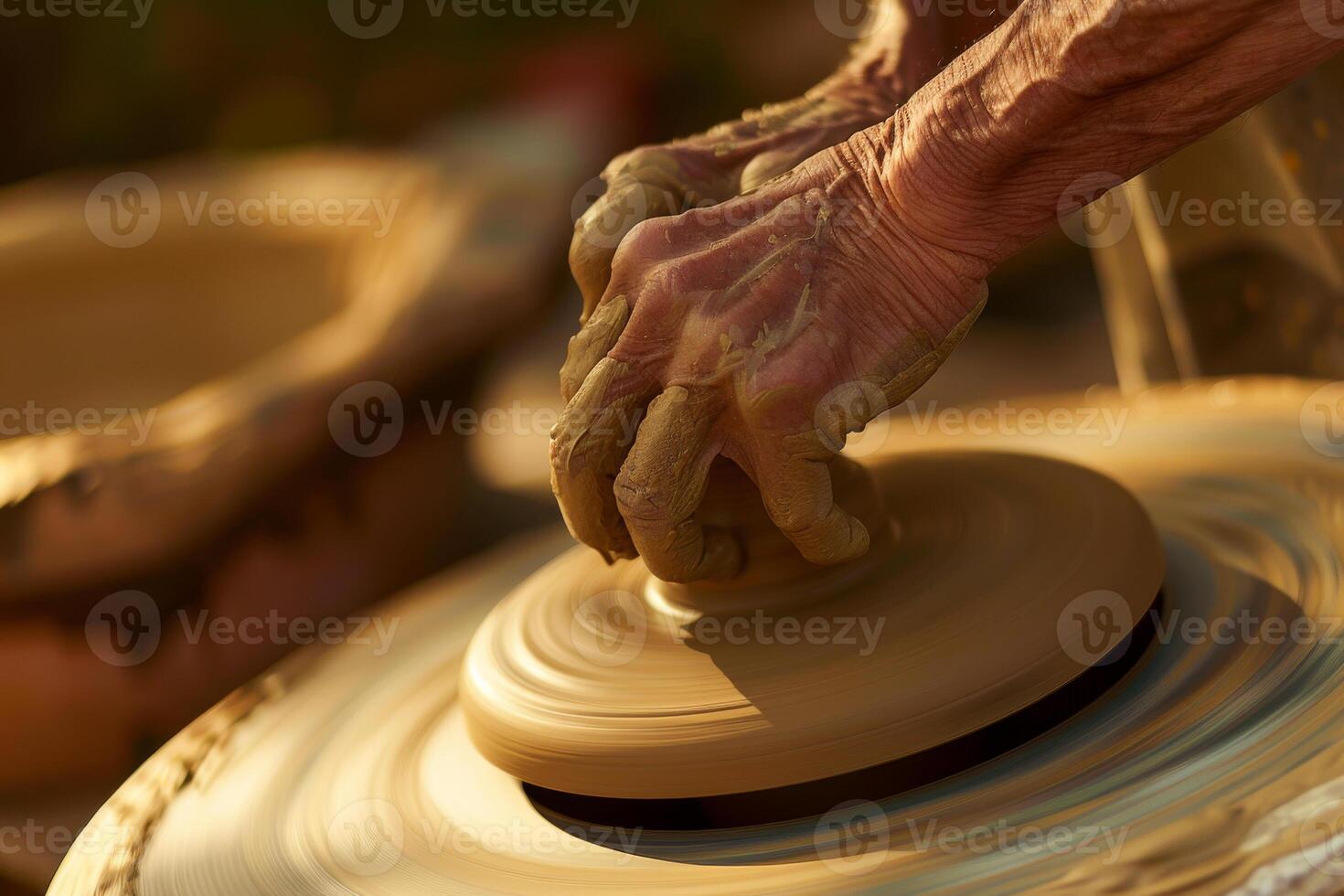 A potter s wheel is being used to make a pot photo
