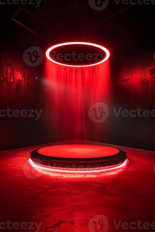 Simplistic Circular Platform with Illuminated Red Halo in Dark Room photo