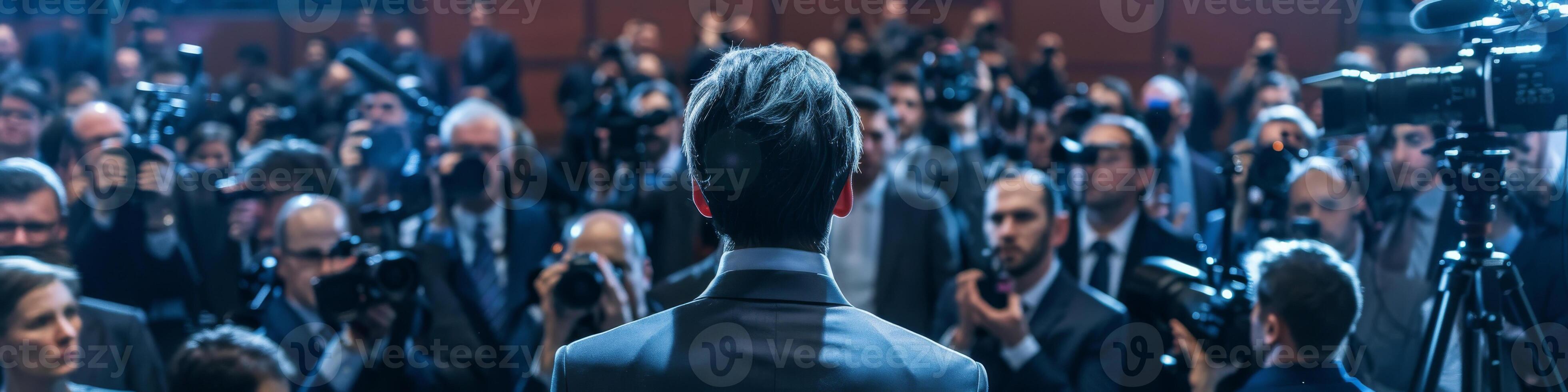 A man stands in front of a crowd of people, with a microphone in his hand photo