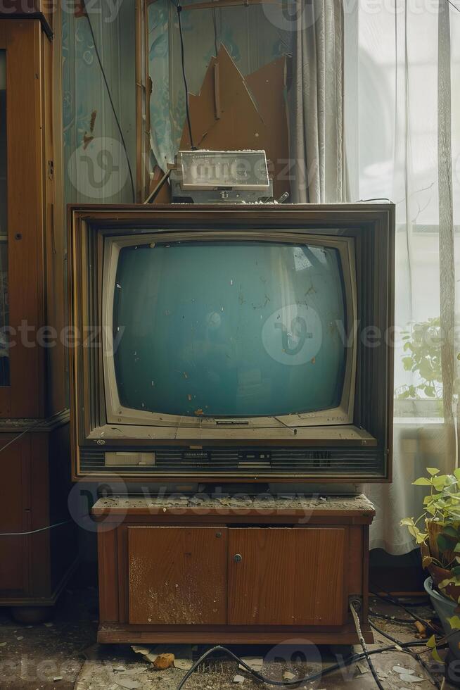 A broken television sits on a wooden stand in a room photo
