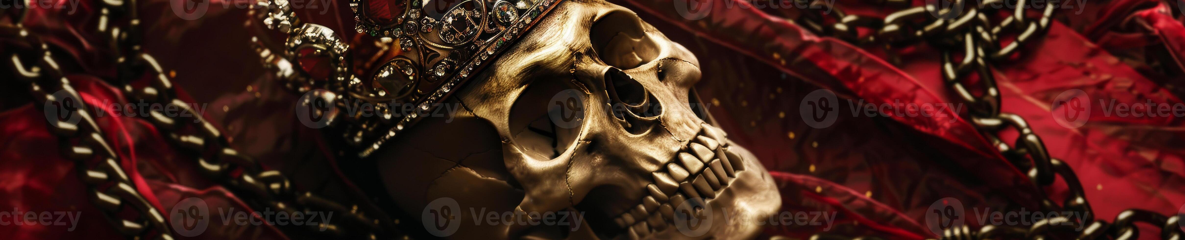 A skull is on a red cloth with a chain around it photo