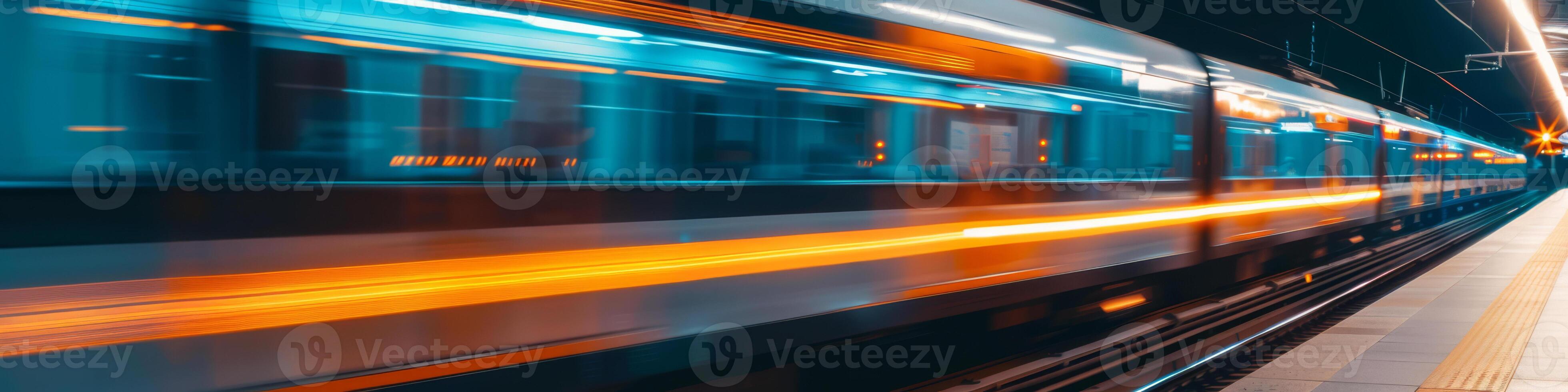 High speed metropolitan train blurring past platform with vibrant lights photo