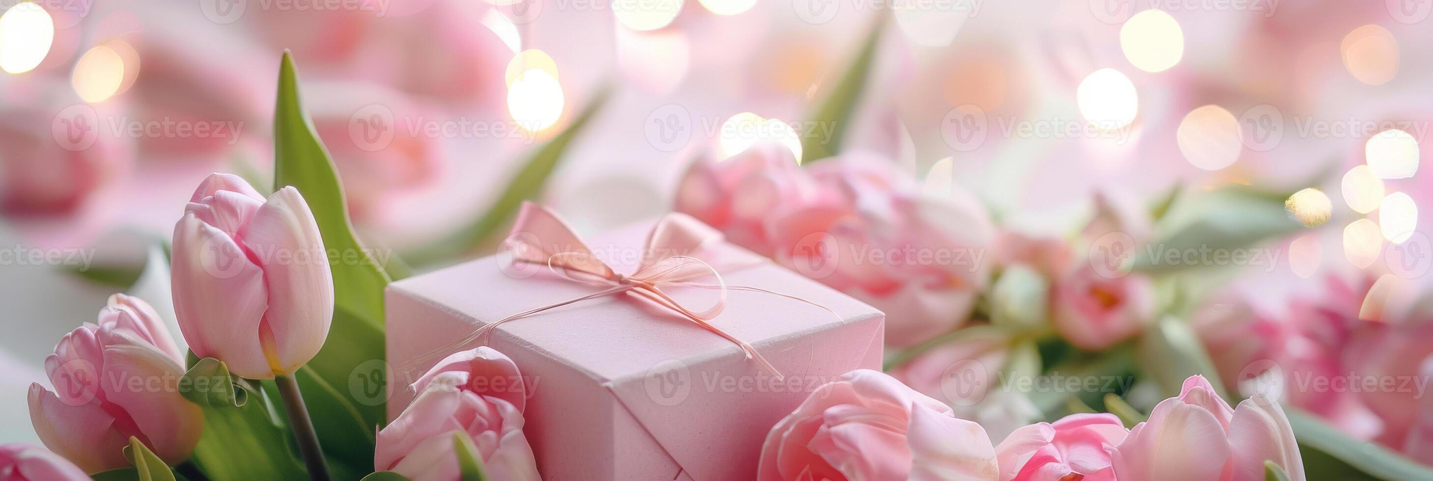 A pink box with a bow on top sits on a bed of pink flowers photo