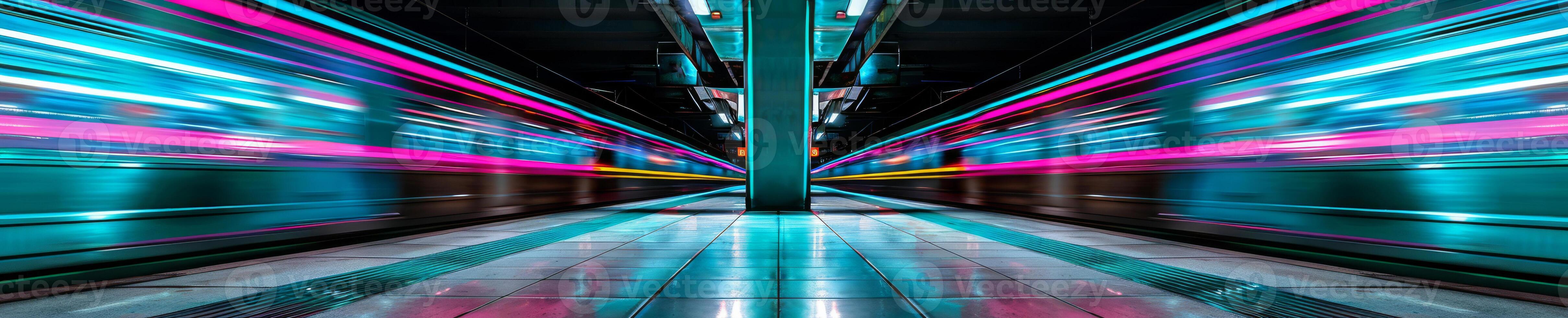 Futuristic Train Station Platform with a Train in Motion photo