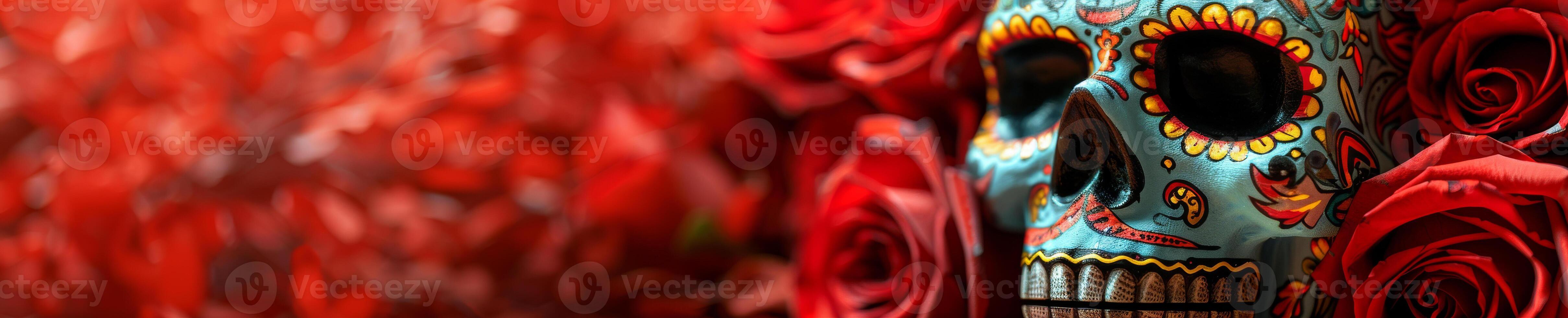 A skull is surrounded by red roses photo