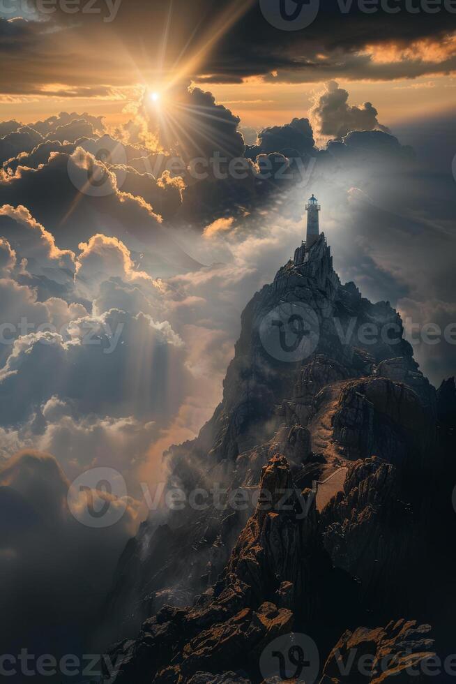 Towering Lighthouse Perched Atop a Jagged Cliff at Sunset photo