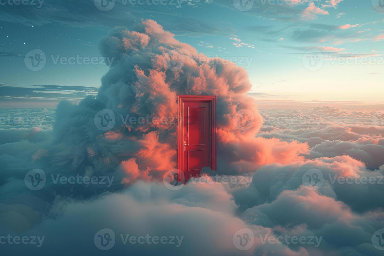 Mysterious Red Door Amidst Clouds Signifying Opportunity photo