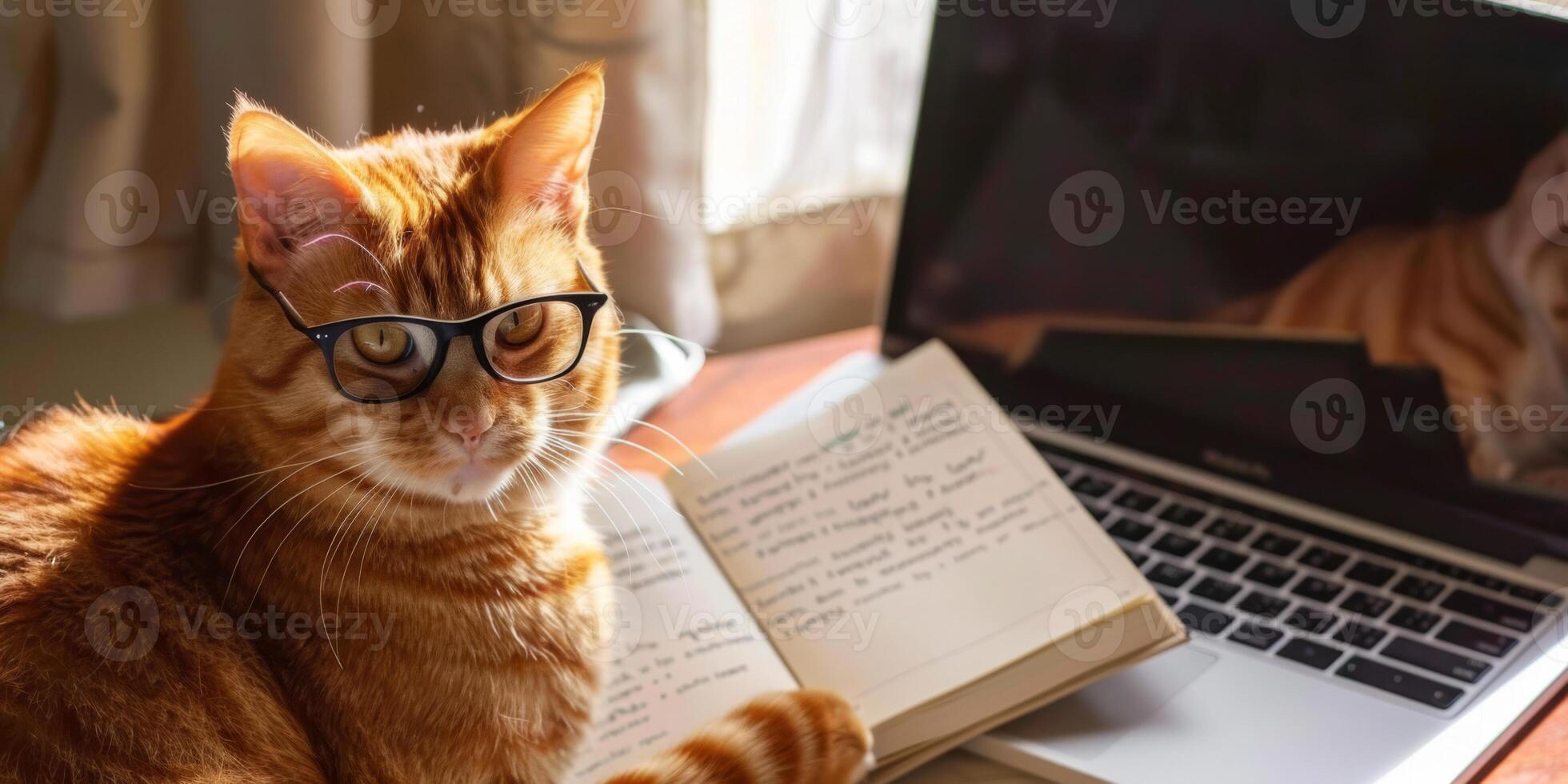 A cat wearing glasses is sitting on a table next to a laptop and a book photo