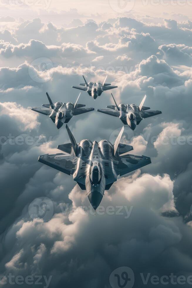 Squadron of Fighter Jets in Perfect Formation Above Cloudy Skies photo