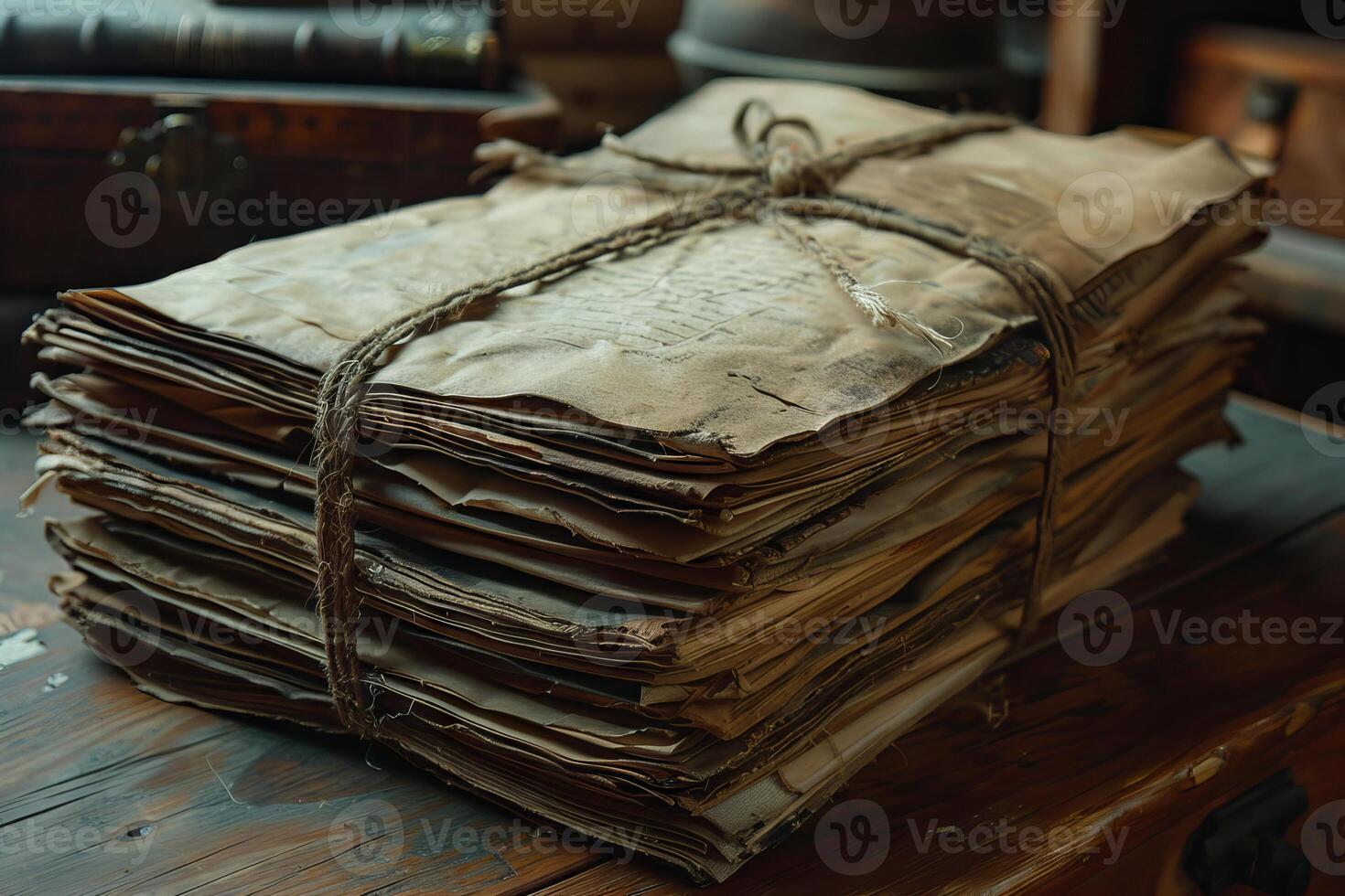 A stack of old papers with a rope tied around them photo