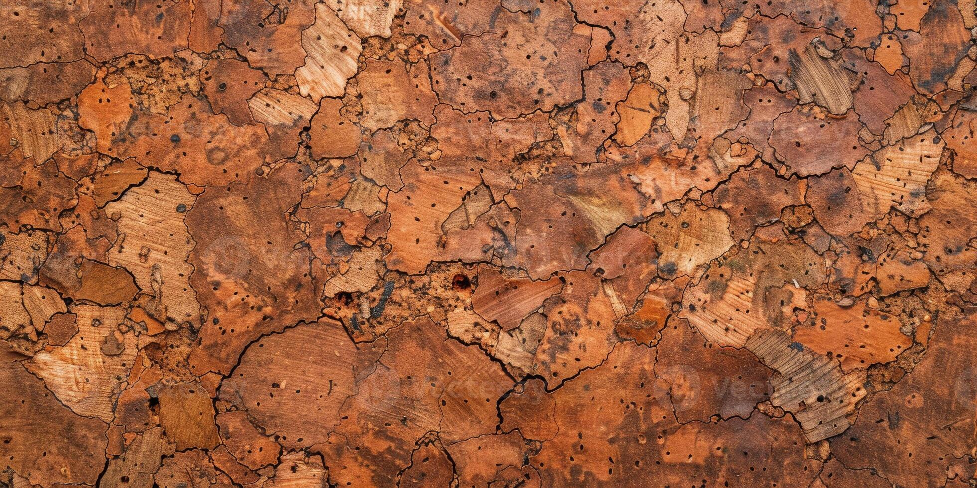 A close up of a brown surface with many holes and cracks photo