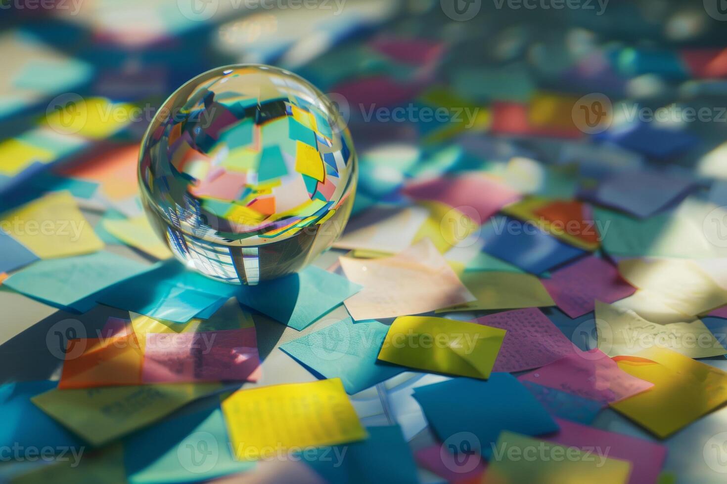 Crystal Clear Glass Sphere on a Table with Colorful Notes photo