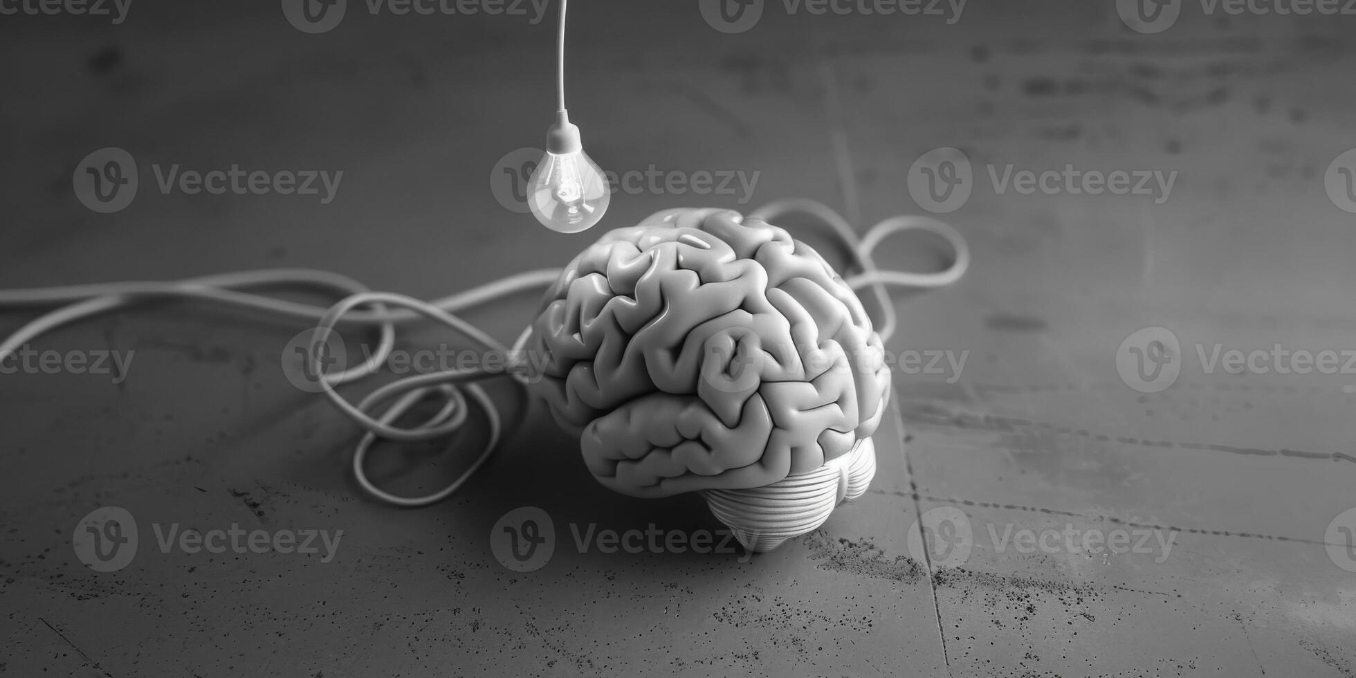 BrainShaped Object with Light Bulb on Dark Surface photo