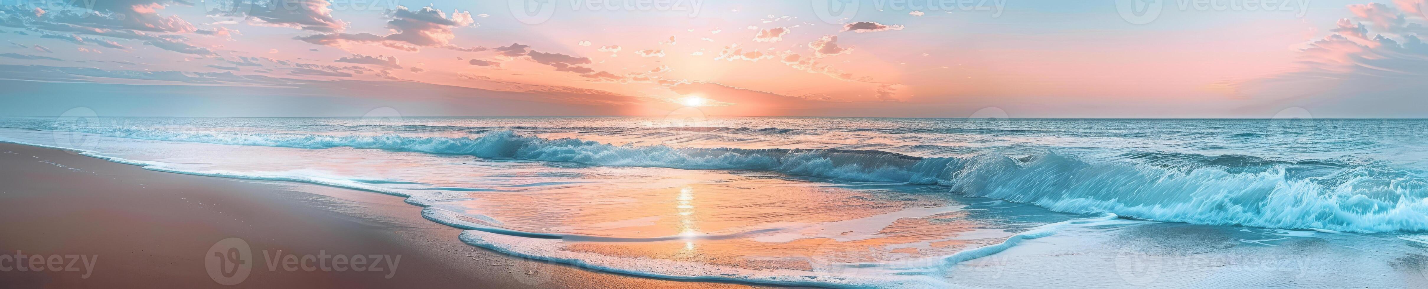 A beautiful beach scene with a sunset in the background photo