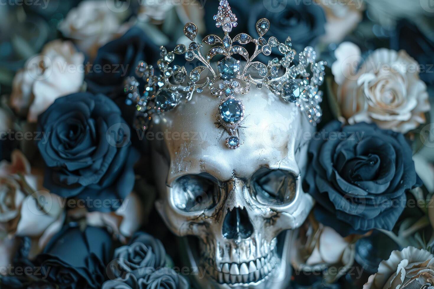 A skull with a crown of blue jewels on top of it photo