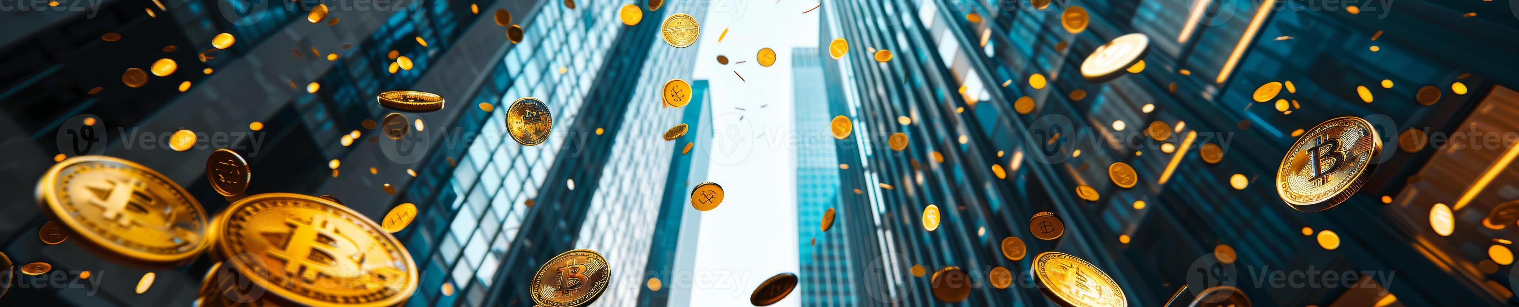 A bunch of coins are falling from the sky in a city photo