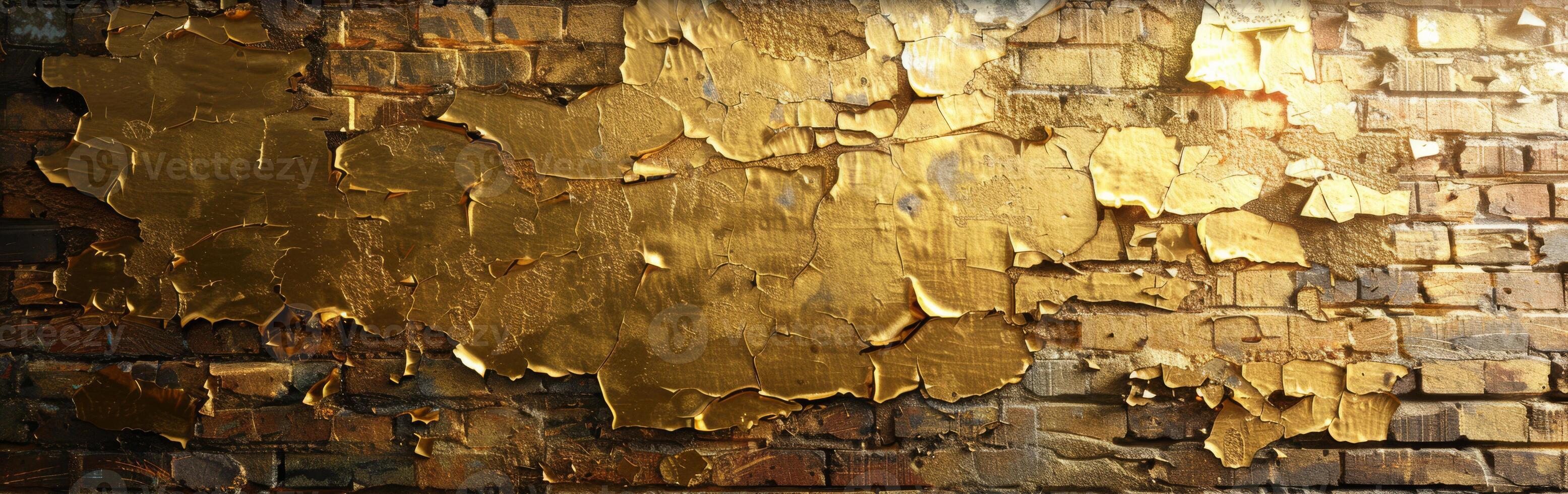 Textured Gold Paint Peeling Off a Brick Wall photo