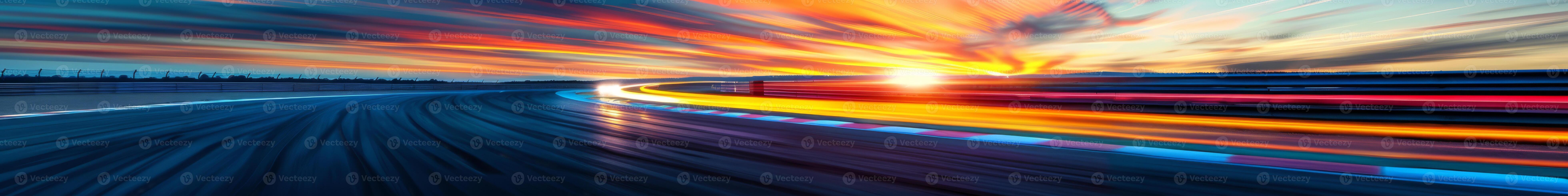 Vibrant Sunset Over a Blurry Racetrack with Dynamic Light Trails photo