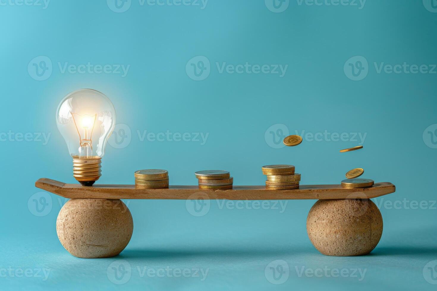 A wooden board with a light bulb on top and coins on the bottom photo