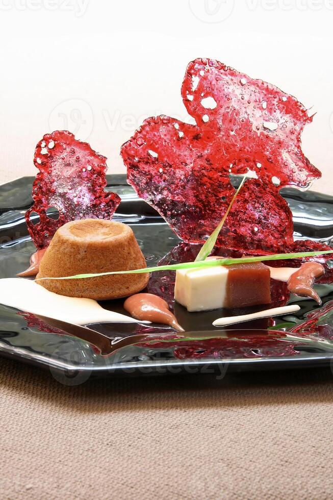 guava petit gateau with cream cheese on plate photo