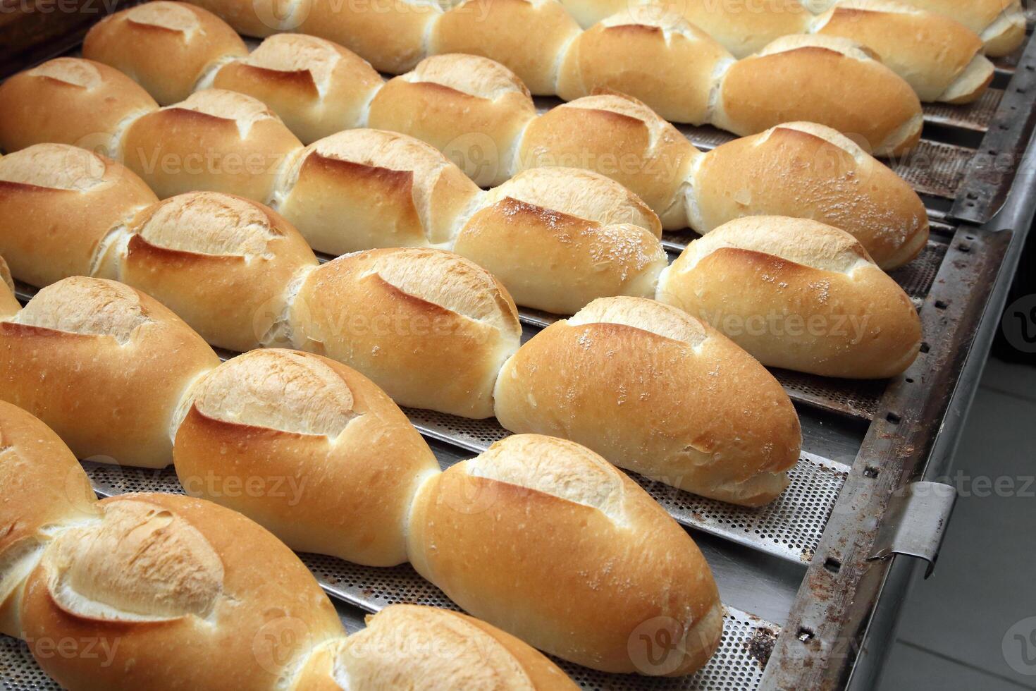 delicious French breads coming out of the oven photo