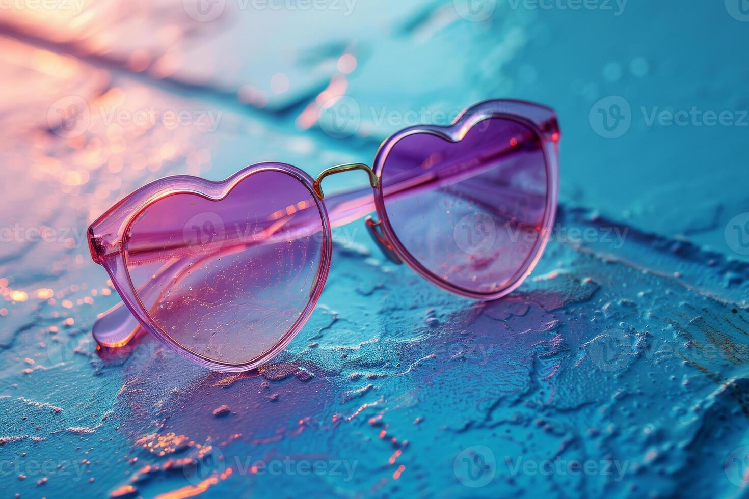 A pair of pink sunglasses with a heart shape on the lens photo
