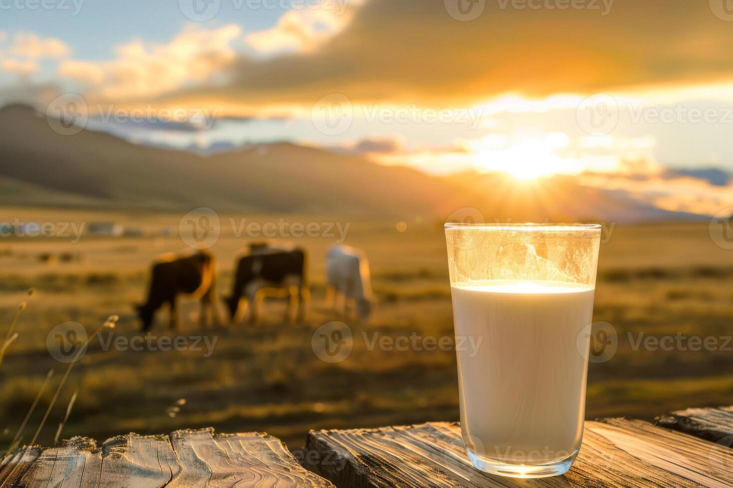 Serene Dairy Farm Scene Glass of Milk on Wood Overlooking Sunset and Cows photo