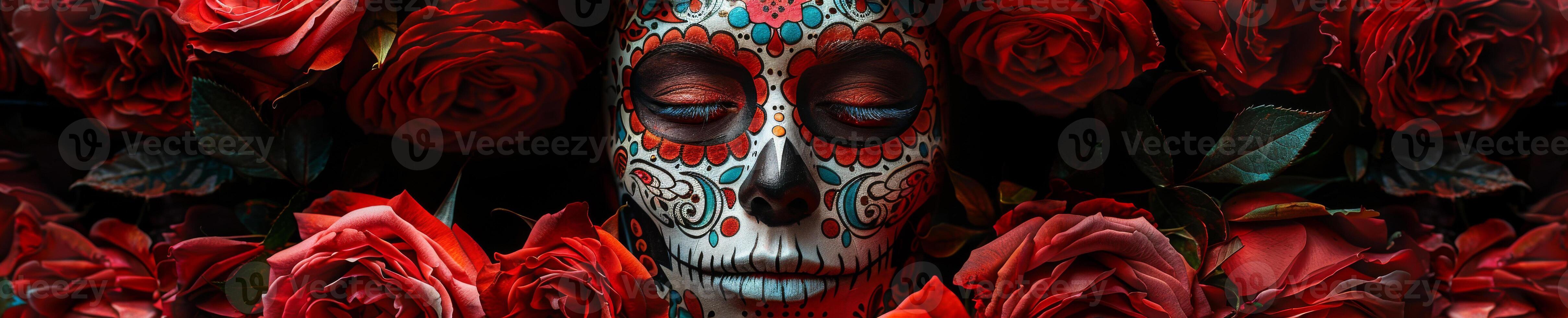 A woman s face is painted with a skeleton and surrounded by red roses photo
