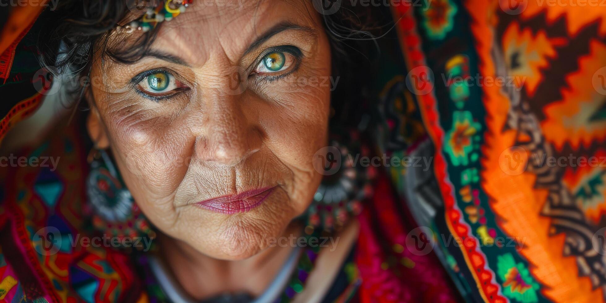 A woman with blue eyes and a red and green scarf photo