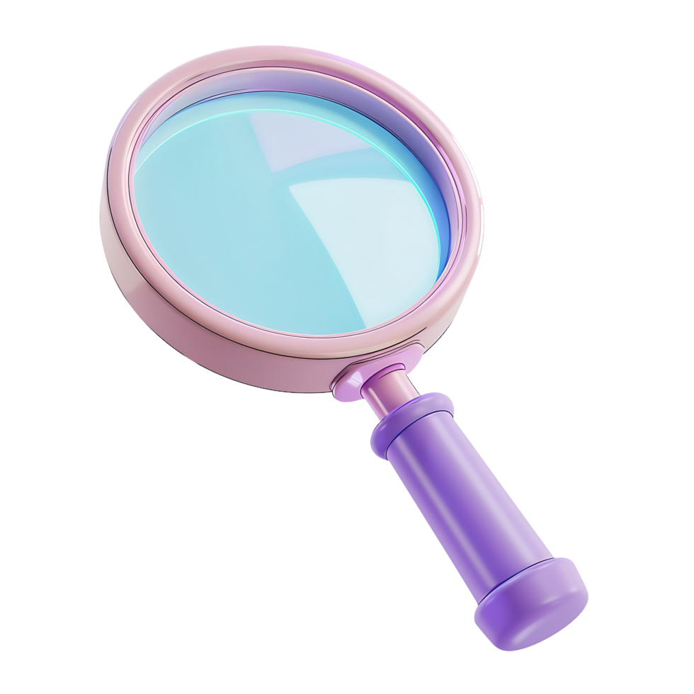 A pink and purple magnifying glass with a blue lens. 3d rendering png