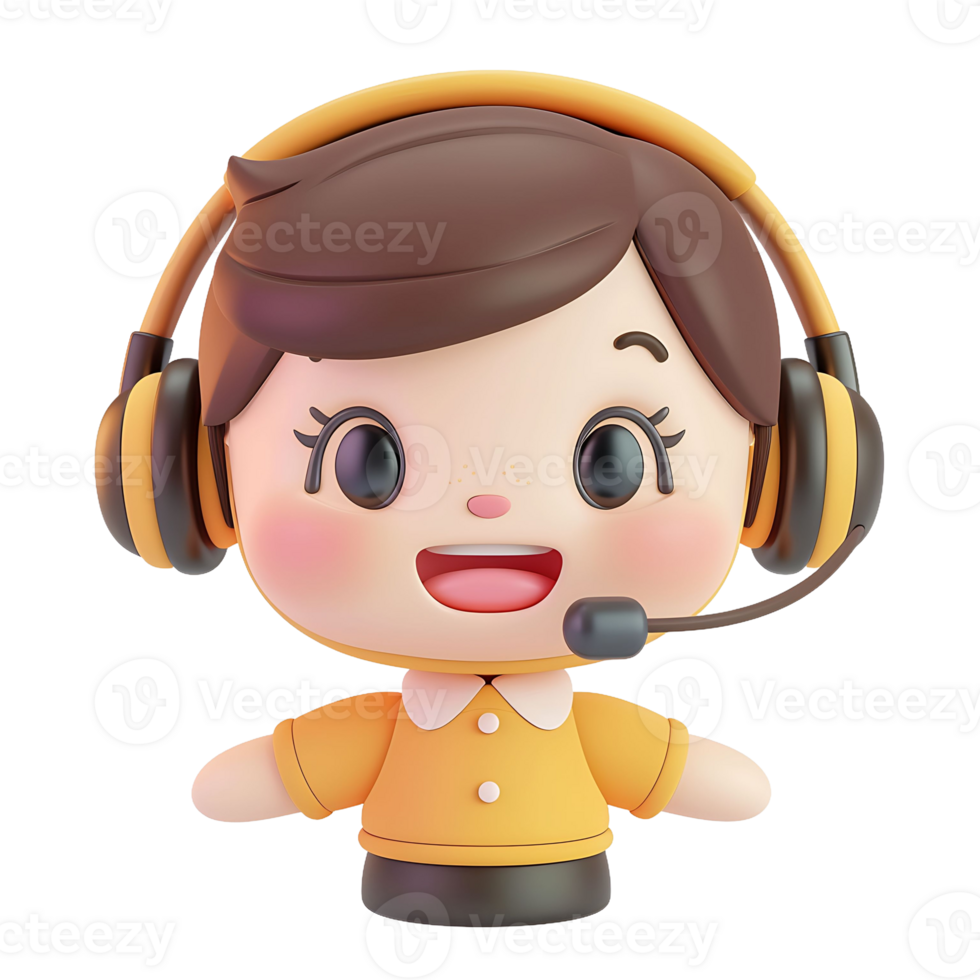 3d render of cute female customer service icon with headphones and yellow shirt png