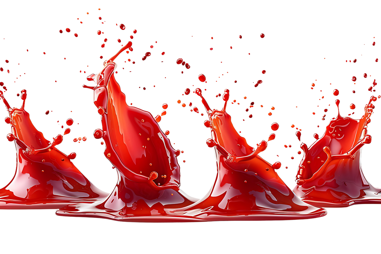 A splash of red tomato ketchup is splattered across a transparent background png