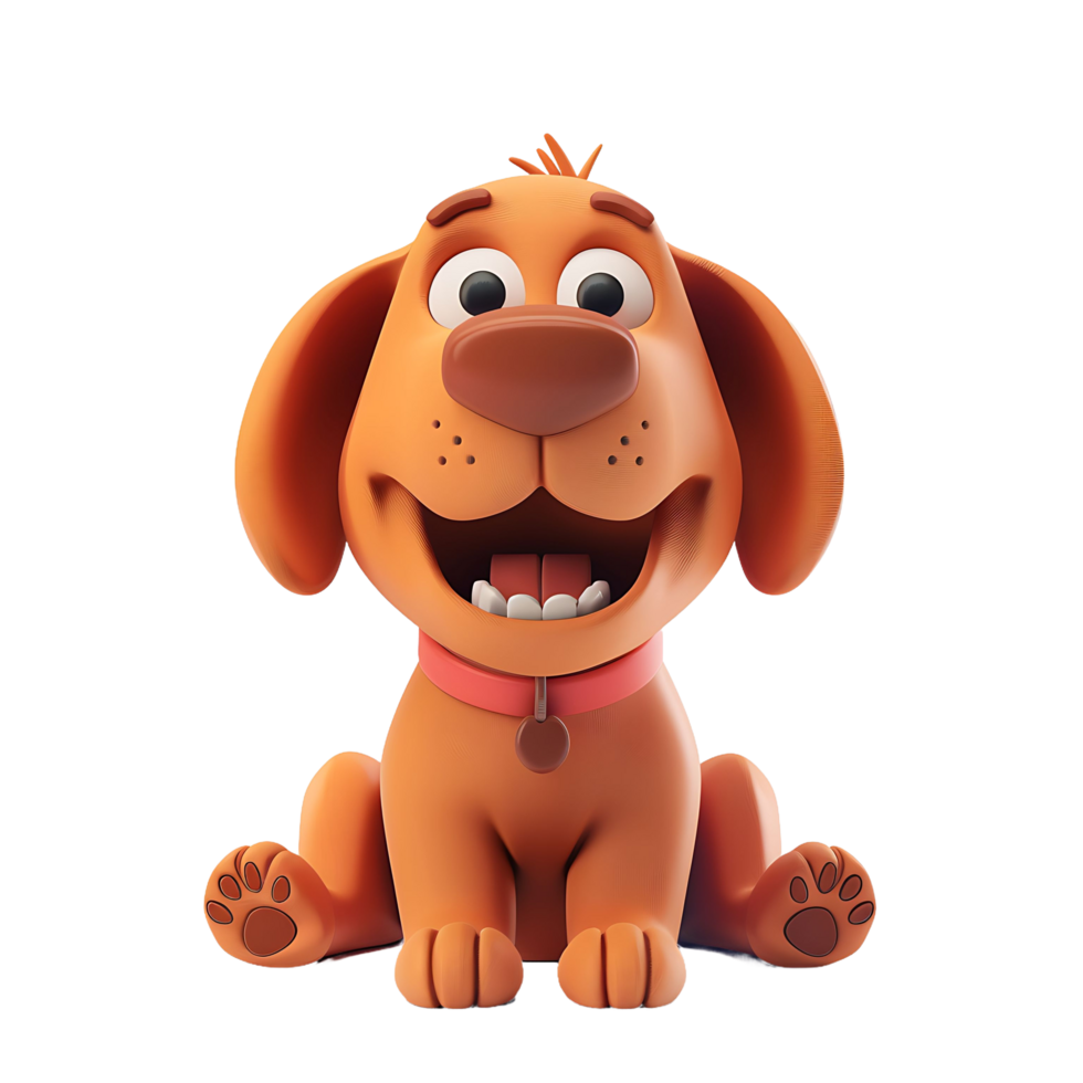 A smiling brown cartoon dog sits happily, sporting a bright red collar, 3d rendering png