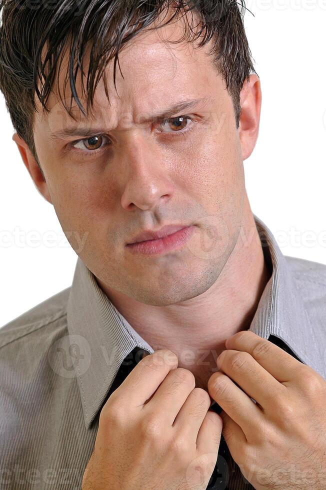 young man with beard in different situations on neutral background photo