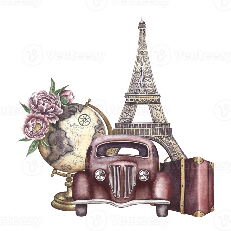 un' retrò auto e un antico globo di il terra, il eiffel Torre e un' valigia. un' acquerello illustrazione fatto di mano. Vintage ▾ viaggio. per striscioni, volantini, manifesti. per stampe, adesivi, cartoline. png