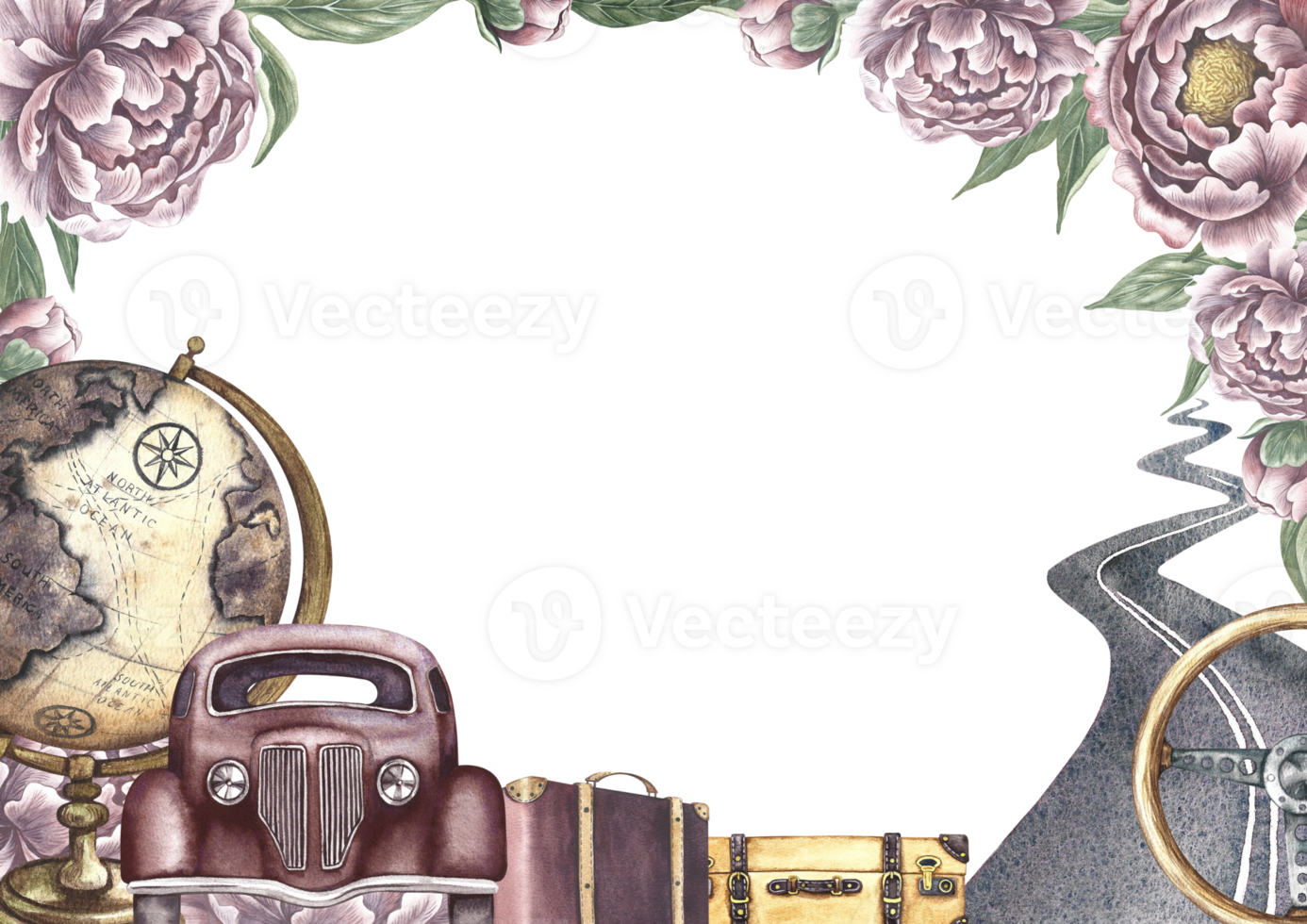 A frame with an image of retro cars and vintage flowers. Antique car steering wheel, paved roads. A retro-style journey. A watercolor illustration made by hand. For banners, flyers, posters, prints. png