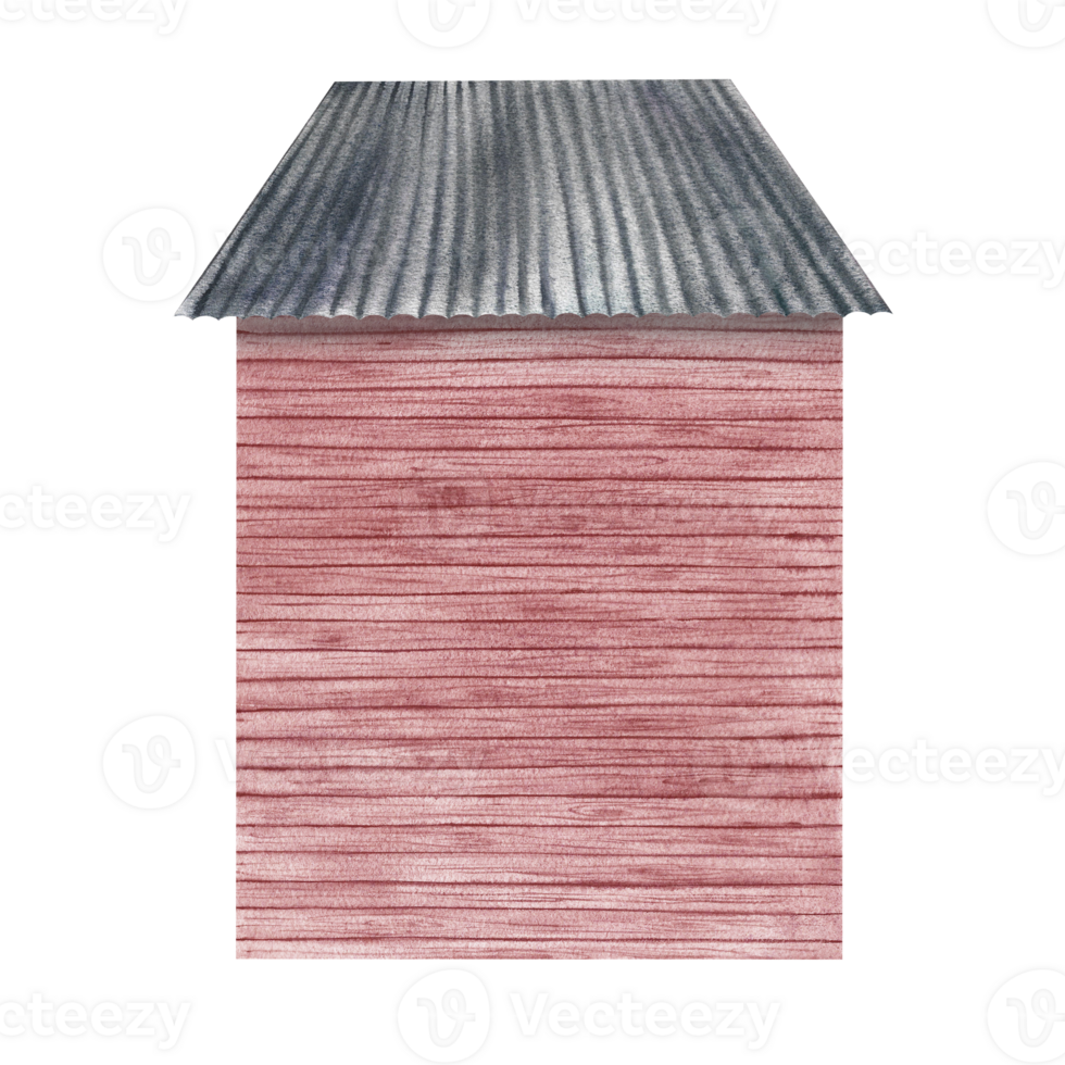 The empty facade of a wooden house without windows and doors in a vintage style. A house with a slate roof. The watercolor illustration is made by hand. Highlight it. A design element of games. png