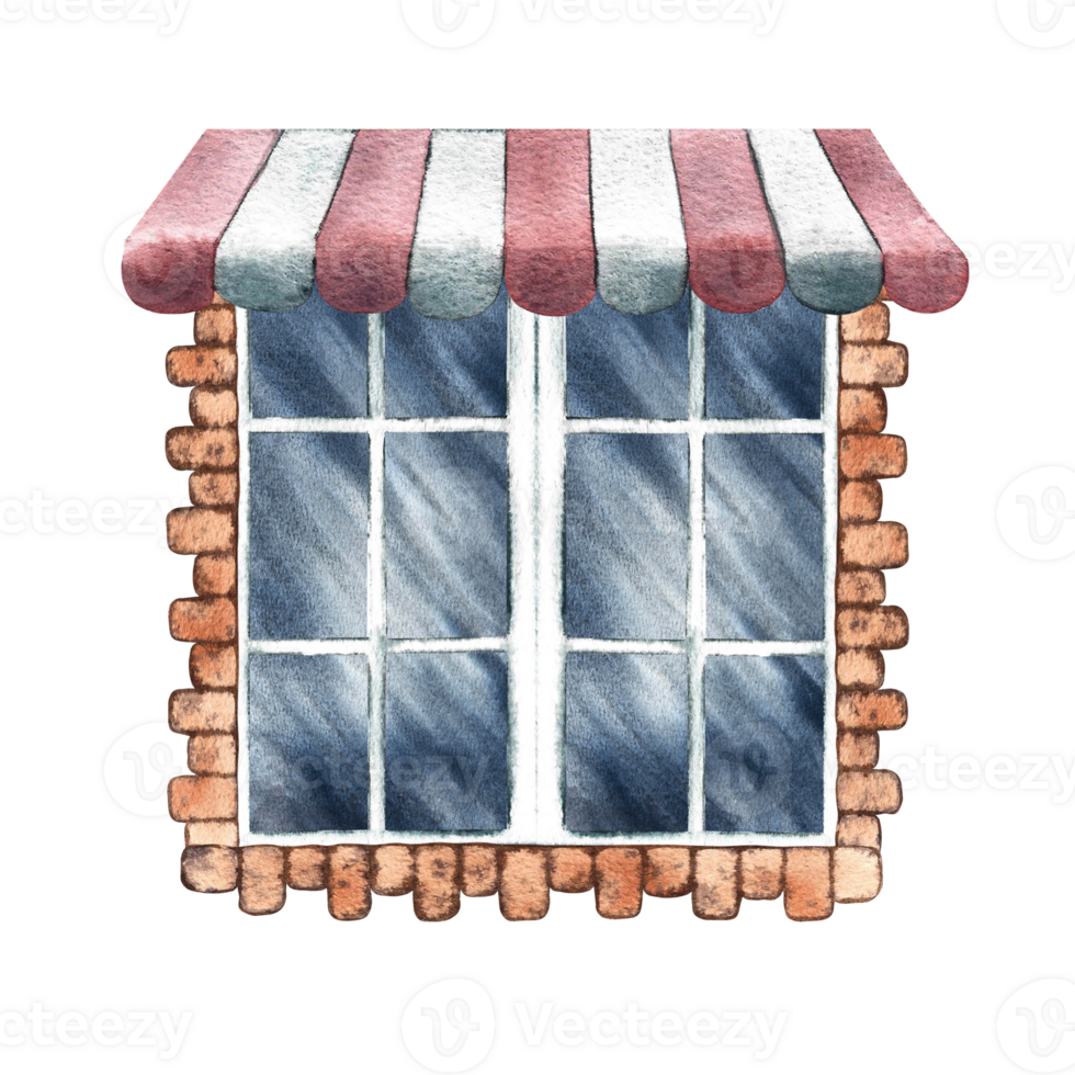The window is in retro style. An old vintage window framed with brick. With a trump card over the window. A hand-drawn watercolor illustration. Highlight it. A design element for home children's games png
