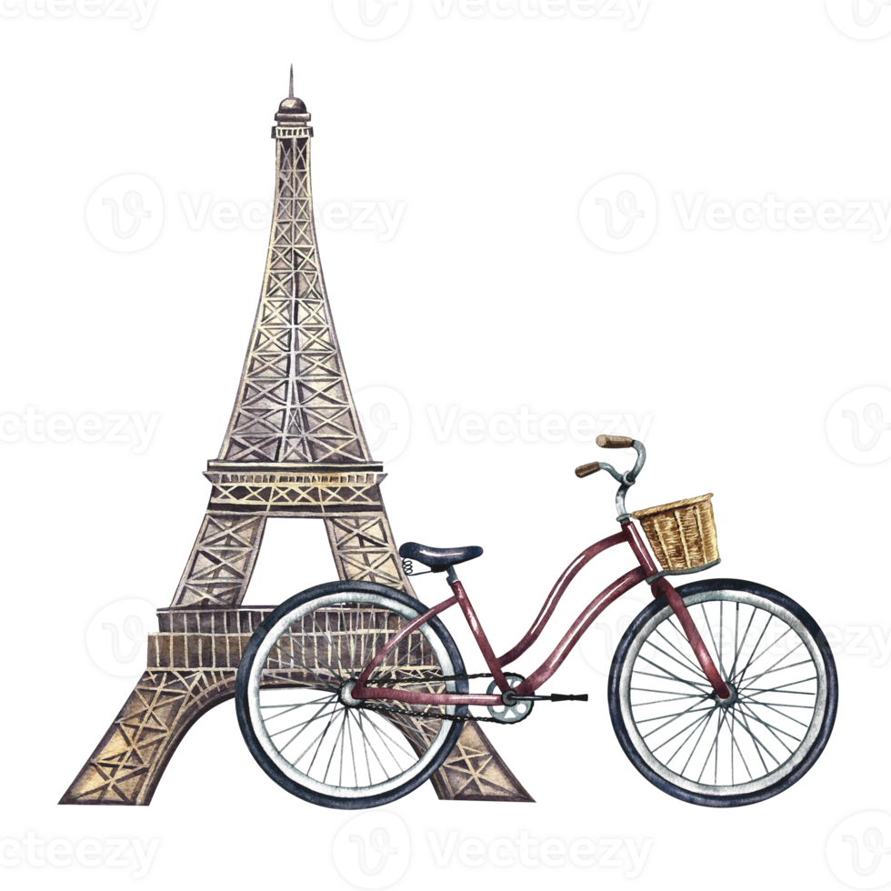 The Eiffel Tower and a retro bicycle with a basket. A hand-drawn watercolor illustration. A beautiful romantic postcard. Designed for badges, emblems and postcards. For posters, stickers, printing. png