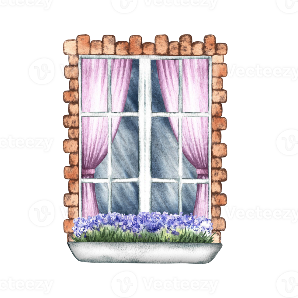 Retro window. An old vintage window framed with brick. With pink curtains and flowers on the windowsill. A hand-drawn watercolor illustration. Highlight it. A design element for home, children's game png