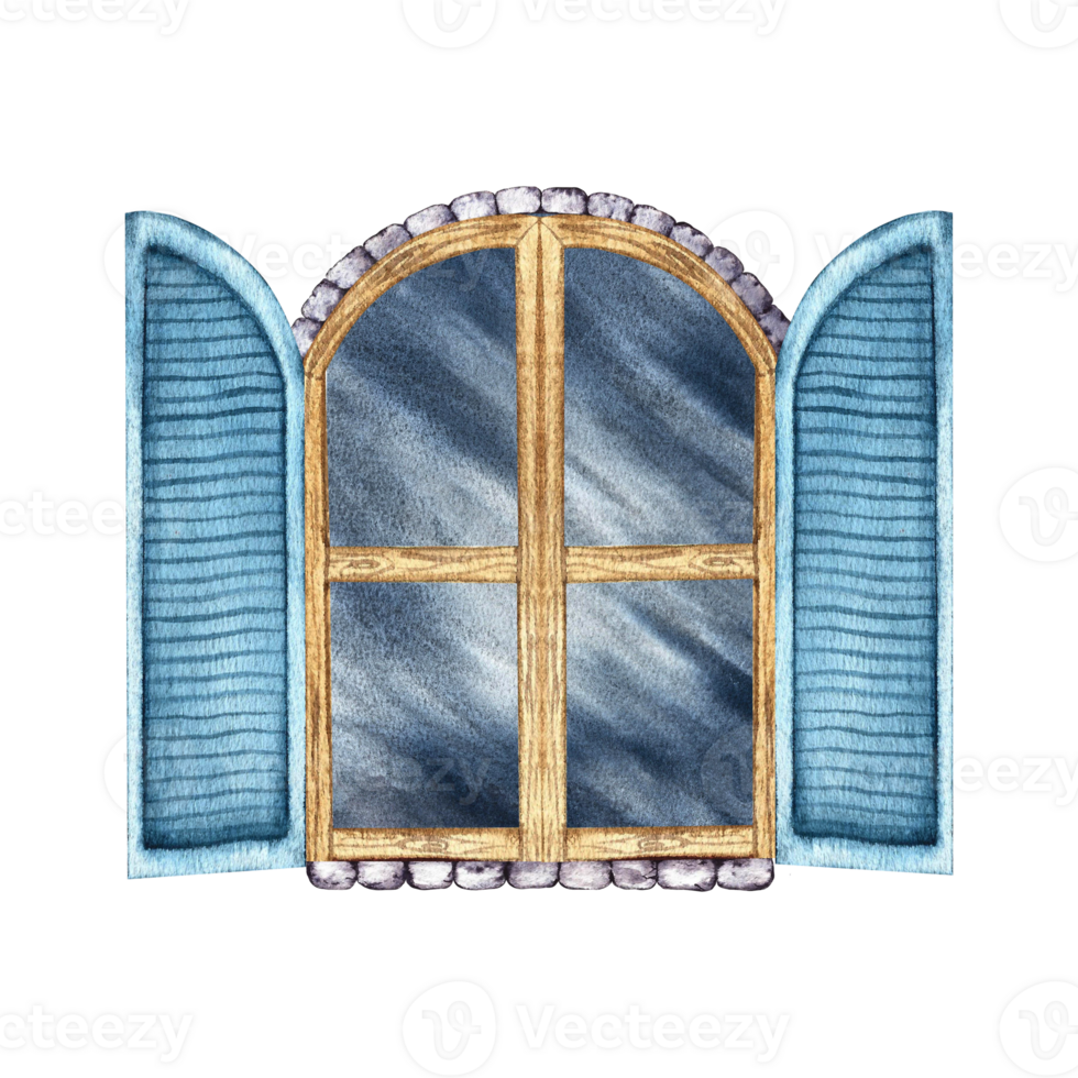 Retro window. An antique window with blue shutters. A hand-drawn watercolor illustration. Isolate it. A design element for home, children's games, postcards and decor. png