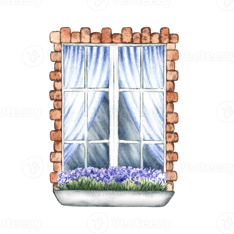 The window is in retro style. An old vintage window framed with brick. With blue curtains and flowers on the windowsill. A hand-drawn watercolor illustration. Highlight it. A design element. png
