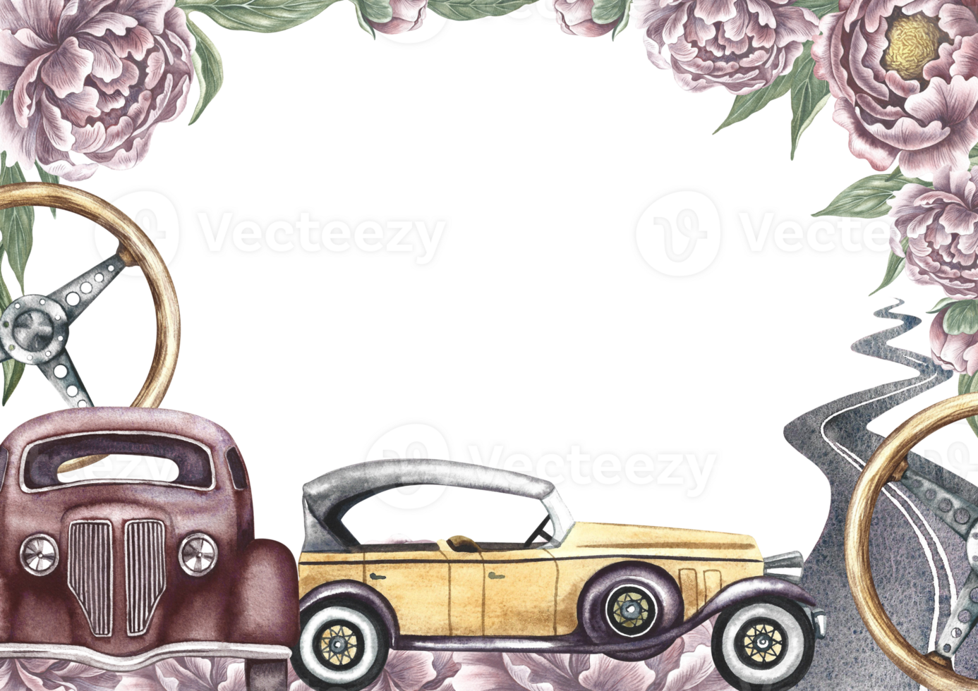 A frame with an image of retro cars and vintage flowers. Antique car steering wheel, paved roads. A retro-style journey. A watercolor illustration made by hand. For banners, flyers, posters, prints. png