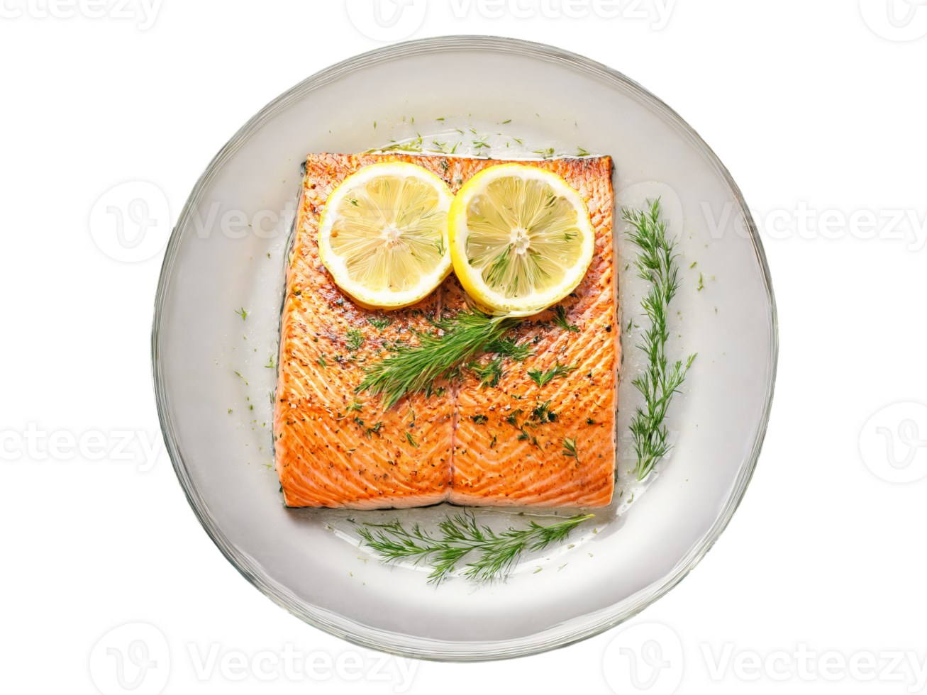 Grilled salmon fillet with lemon slices and dill served on a clear glass dish floating png