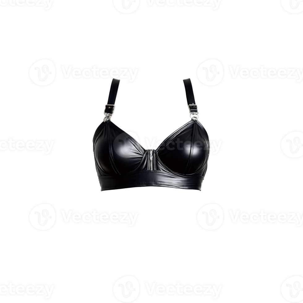 Edgy faux leather bralette rocking rebelliously deep black with silver hardware biker chic png