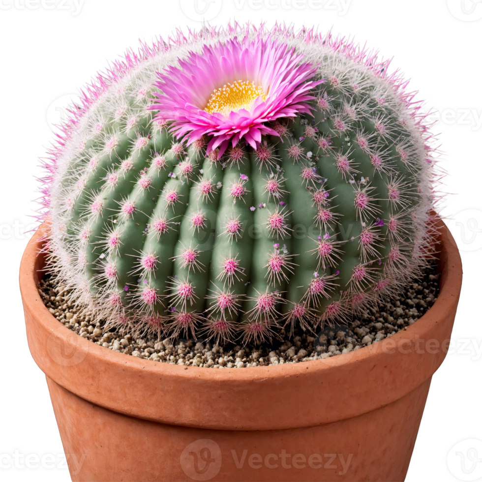Mammillaria small clustered cactus with white spines and pink flowers in a terracotta pot Mammillaria png