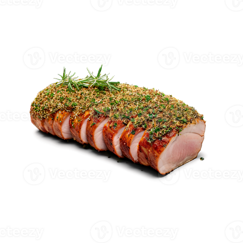 Pork loin roast tied with string herb crusted shot from a 45 degree angle png