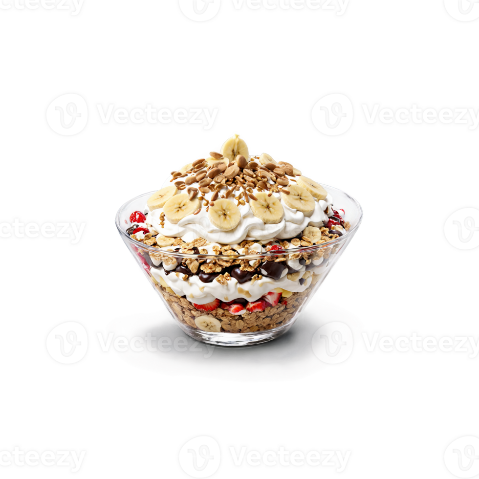 Granola banana split indulgent and wholesome slicing and revealing layers with a drizzle of peanut png